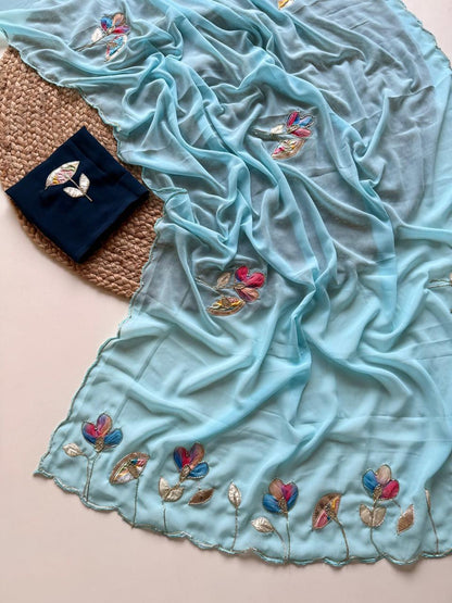 Soft Georgette Fabric With Beautiful Floral Patch Work And Embossed Cutwork Border Saree