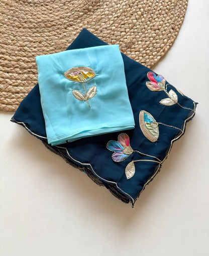 Soft Georgette Fabric With Beautiful Floral Patch Work And Embossed Cutwork Border Saree