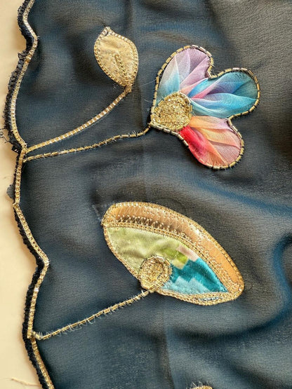 Soft Georgette Fabric With Beautiful Floral Patch Work And Embossed Cutwork Border Saree