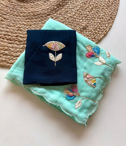 Soft Georgette Fabric With Beautiful Floral Patch Work And Embossed Cutwork Border Saree