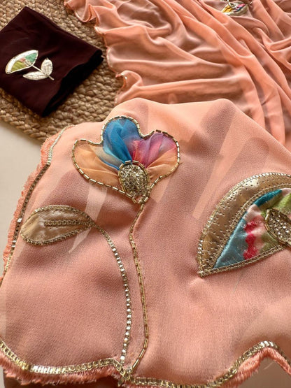 Soft Georgette Fabric With Beautiful Floral Patch Work And Embossed Cutwork Border Saree