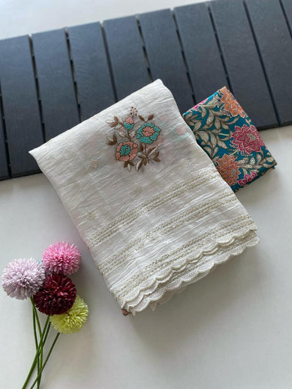 Crunchy ciffon saree with elegant scalap and thread embroidery work.