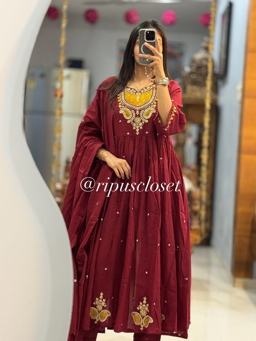 Cotton Suit Set With Thread Work, Highlighting On The Kurta