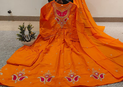 Cotton Suit Set With Thread Work, Highlighting On The Kurta