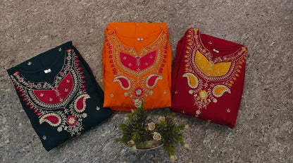 Cotton Suit Set With Thread Work, Highlighting On The Kurta