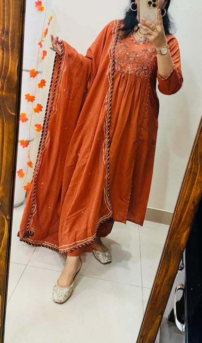 New launching voluminous beautiful cotton rust and black color kurti suit set