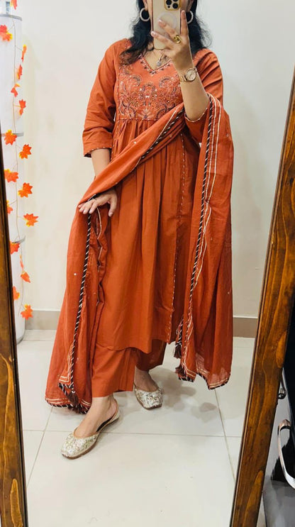 New launching voluminous beautiful cotton rust and black color kurti suit set