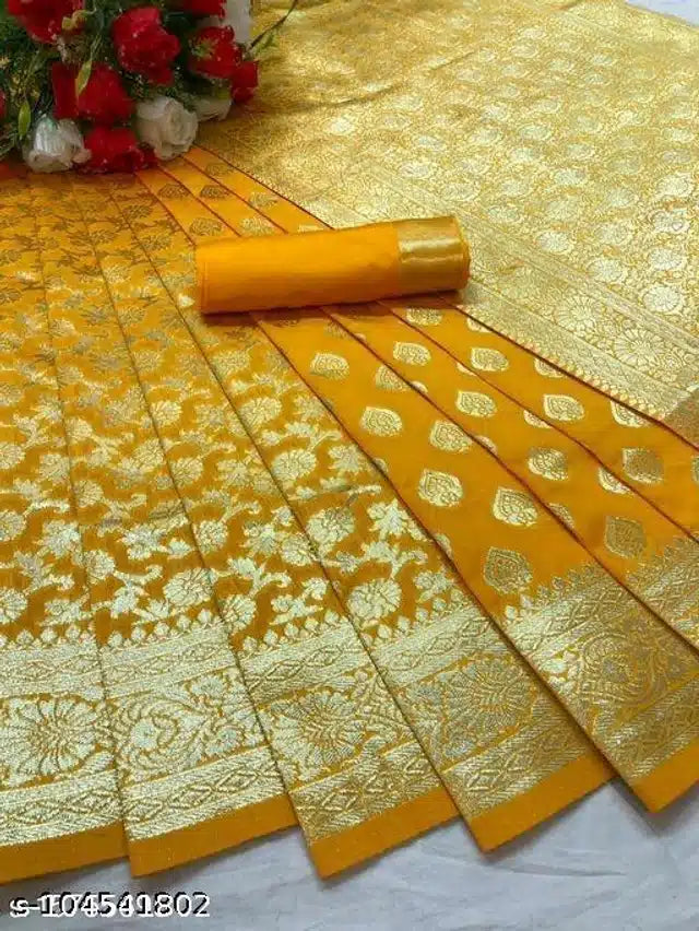 Banarasi Silk Saree With Blouse For Women (Yellow, 6.3M)