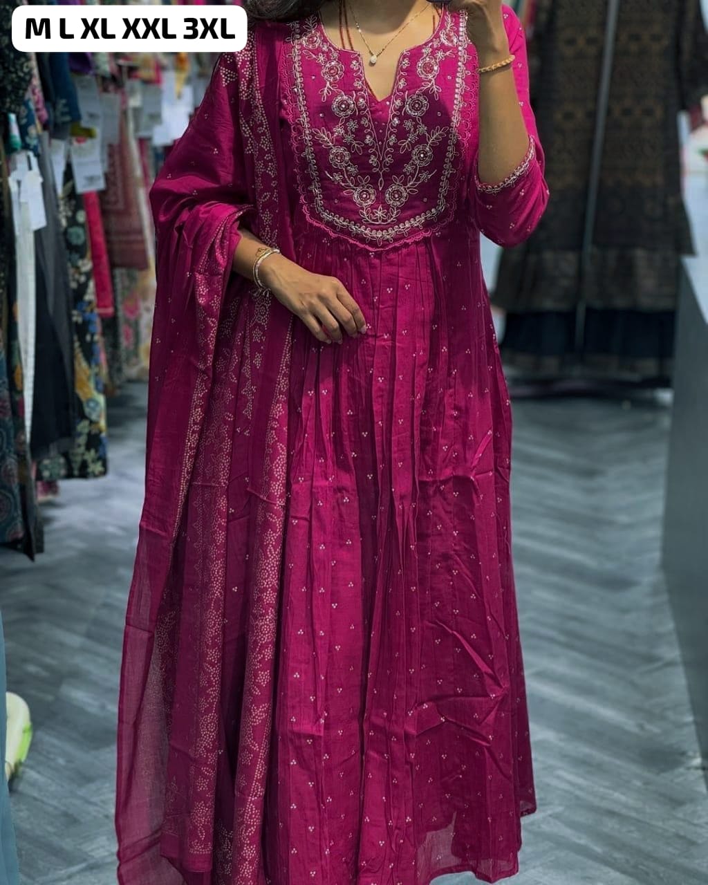 Embroidered& pitten Work Printed Cotton kurta & Pant with Malmal dupatta set