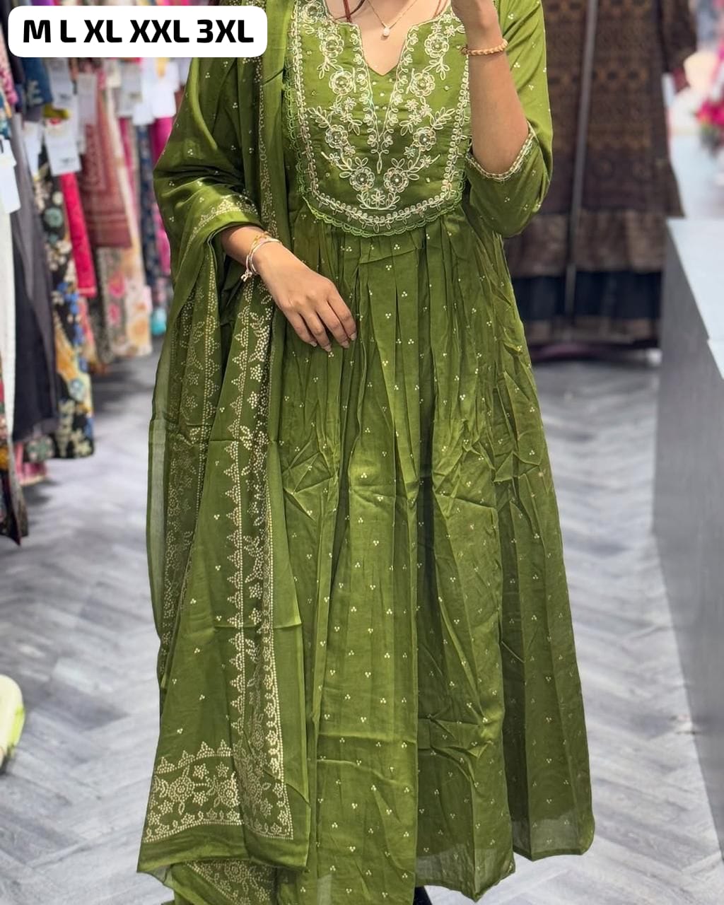 Embroidered& pitten Work Printed Cotton kurta & Pant with Malmal dupatta set