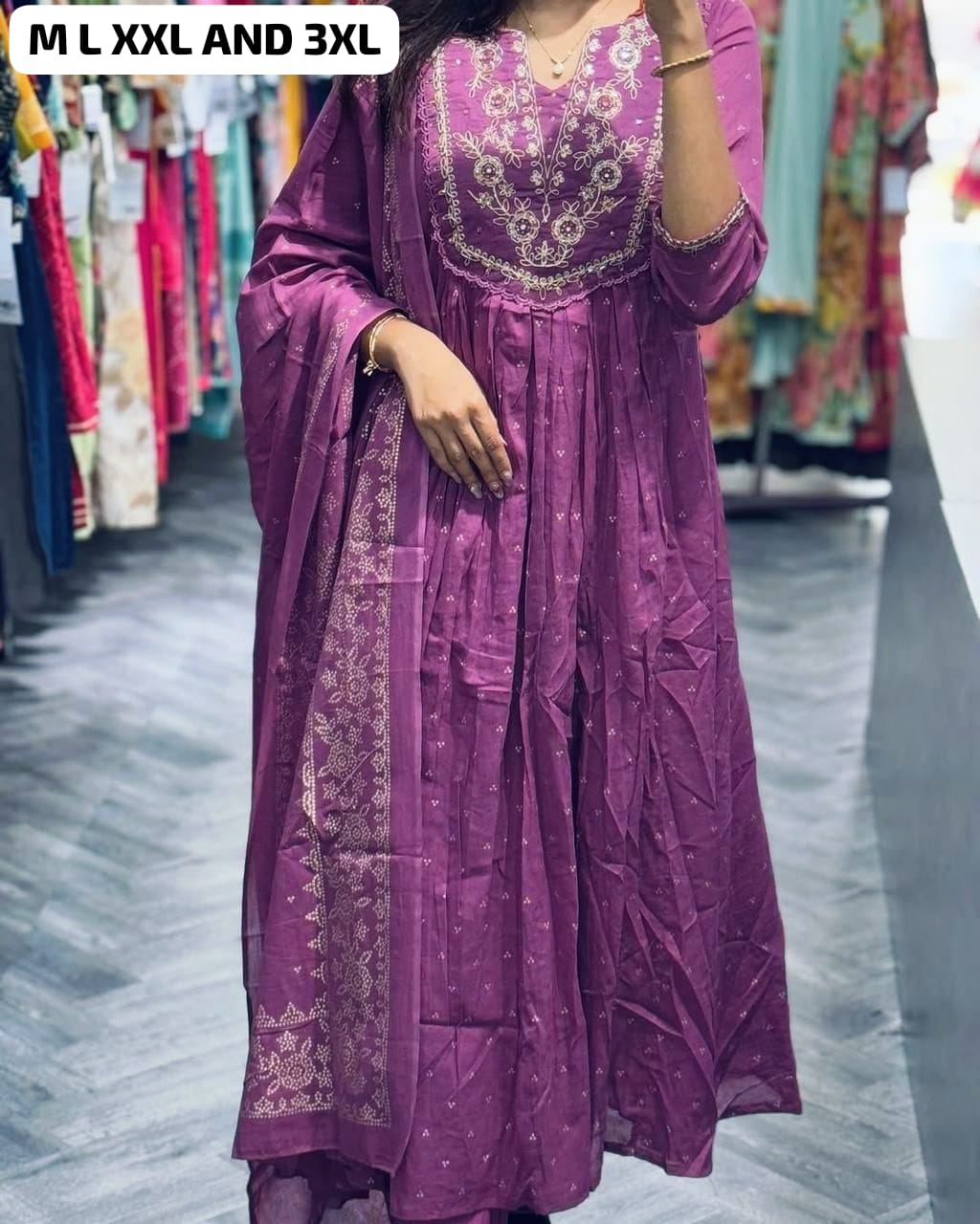 Embroidered& pitten Work Printed Cotton kurta & Pant with Malmal dupatta set