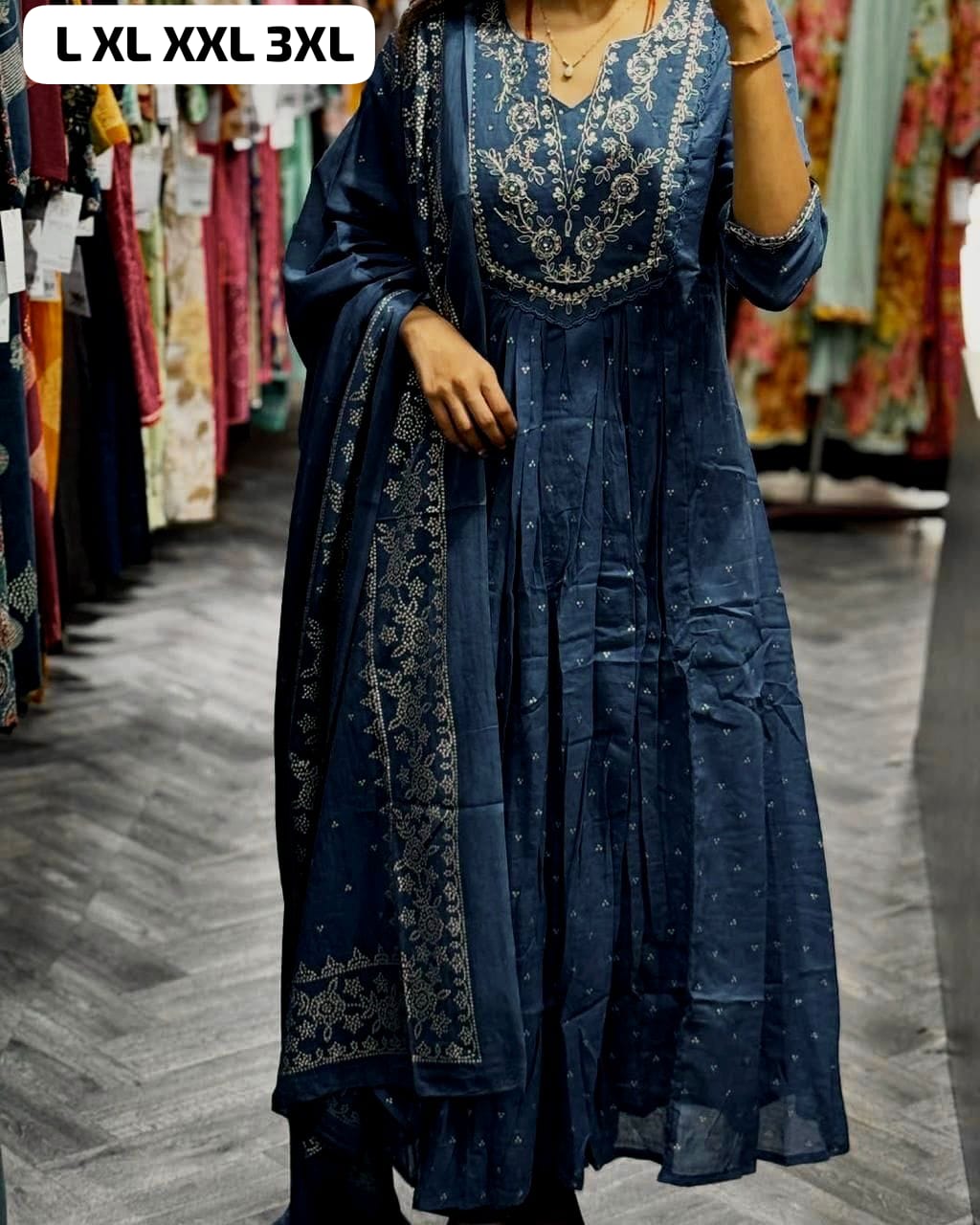 Embroidered& pitten Work Printed Cotton kurta & Pant with Malmal dupatta set