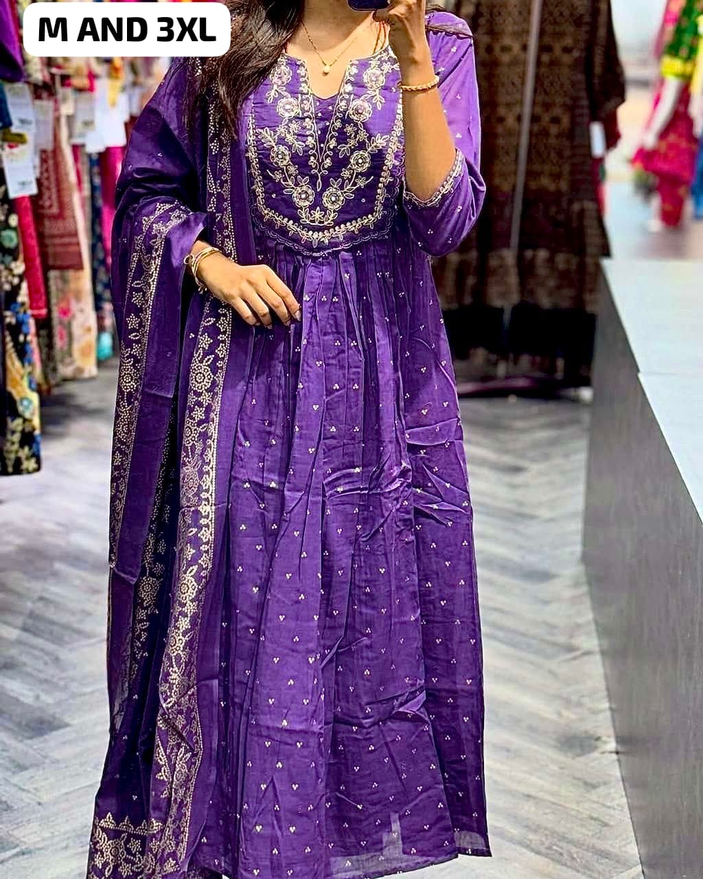 Embroidered& pitten Work Printed Cotton kurta & Pant with Malmal dupatta set